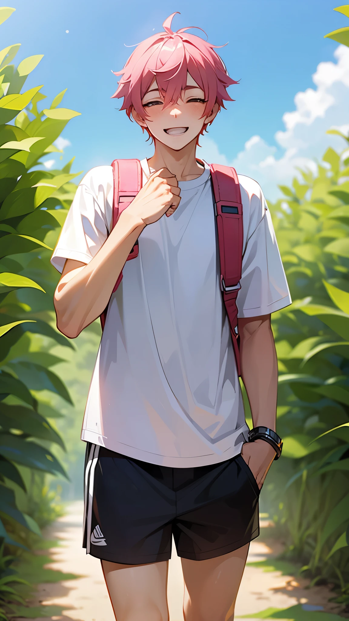 A handsome boy wearing a loose white shirt,Wearing a leather bracelet on the right hand,Put your left hand in your pants pocket。He was wearing a pair of sports shorts and Nike sneakers,Carrying a backpack,A tall man with a height of 1.85 meters,Have a pair of slender legs。Squinting his eyes and laughing,Sunny and cheerful。He has a pink shaved hairstyle,Show a cute and innocent image。boy's fair skin,It gives a sunny feeling。The background of the entire screen is pure white,While highlighting the boy’s unique charm,,It also creates a pure atmosphere。
