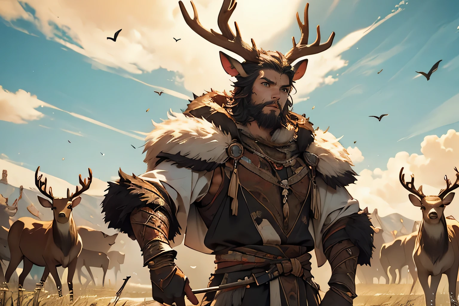 User
Beneath the expansive sky of the Wildrun Plains, Beastmen hunters silently track a herd of deer. Armed with bows, they move with stealth and precision, their keen eyes fixed on their prey. With a swift and deadly volley of arrows, they bring down their quarry, their primal instincts ensuring a successful hunt in the unforgiving wilderness