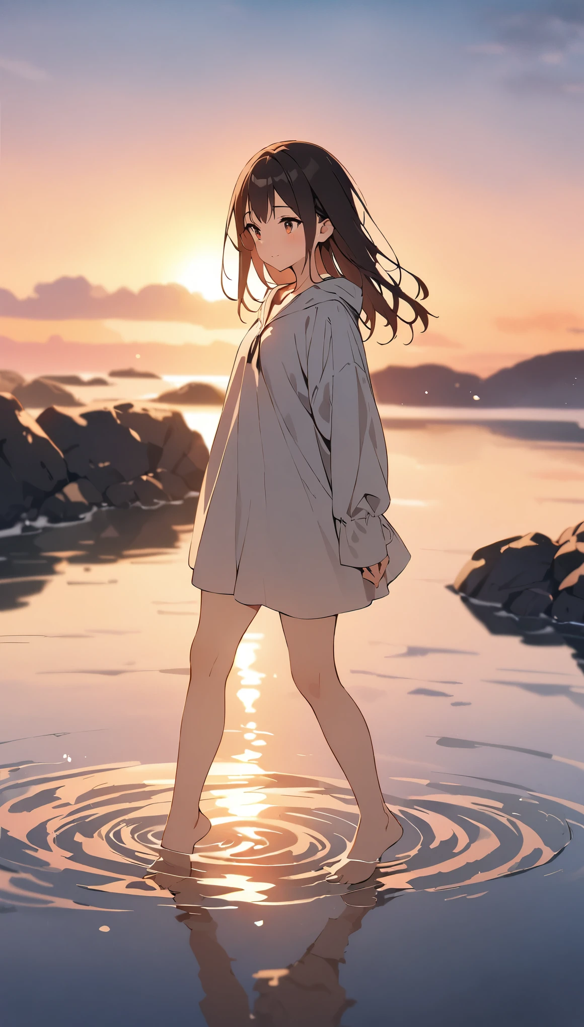 masterpiece, highest quality, movie stills, 1 girl, Sky reflected on the sea surface、mirror-like water surface、Reflective water surface、I can see the ankle、Barefoot、Sunset、beautiful sky, close, bright, Happy, warm and soft lighting, sunset, (spark:0.7)