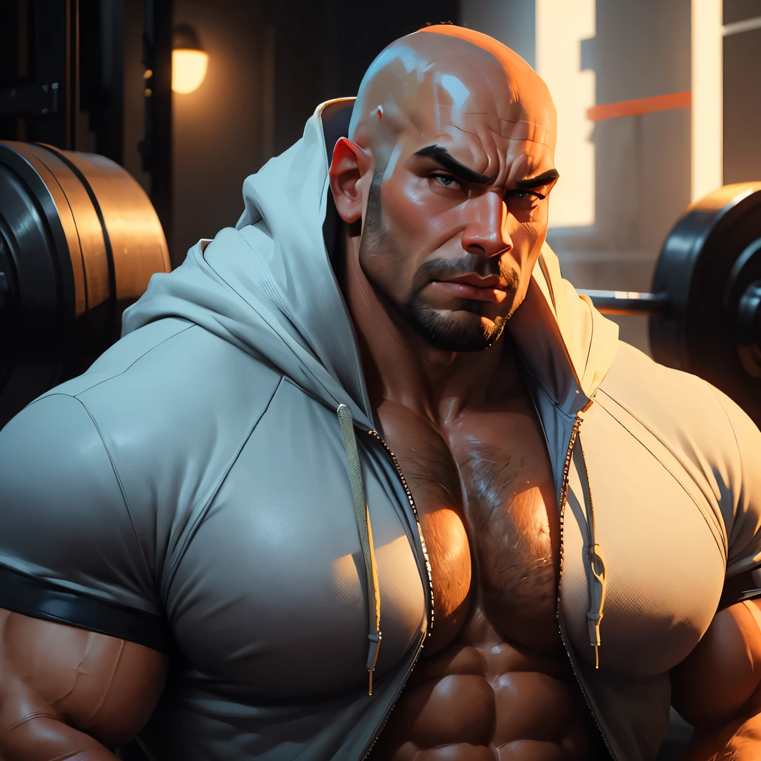 an exaggeratedly muscular and large bald bodyguard, beefy build, mixed race, (wearing tight hoodie: 1.2), (bara pecs: 1.3), (arm and chest hair: 1.1), close-up portrait HD, gym