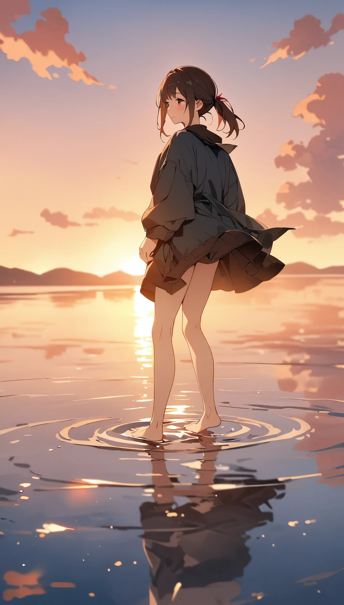 masterpiece, highest quality, movie stills, 1 girl, Sky reflected on the sea surface、mirror-like water surface、Reflective water surface、I can see the ankle、Barefoot、Sunset、beautiful sky, close, bright, Happy, warm and soft lighting, sunset, (spark:0.7)