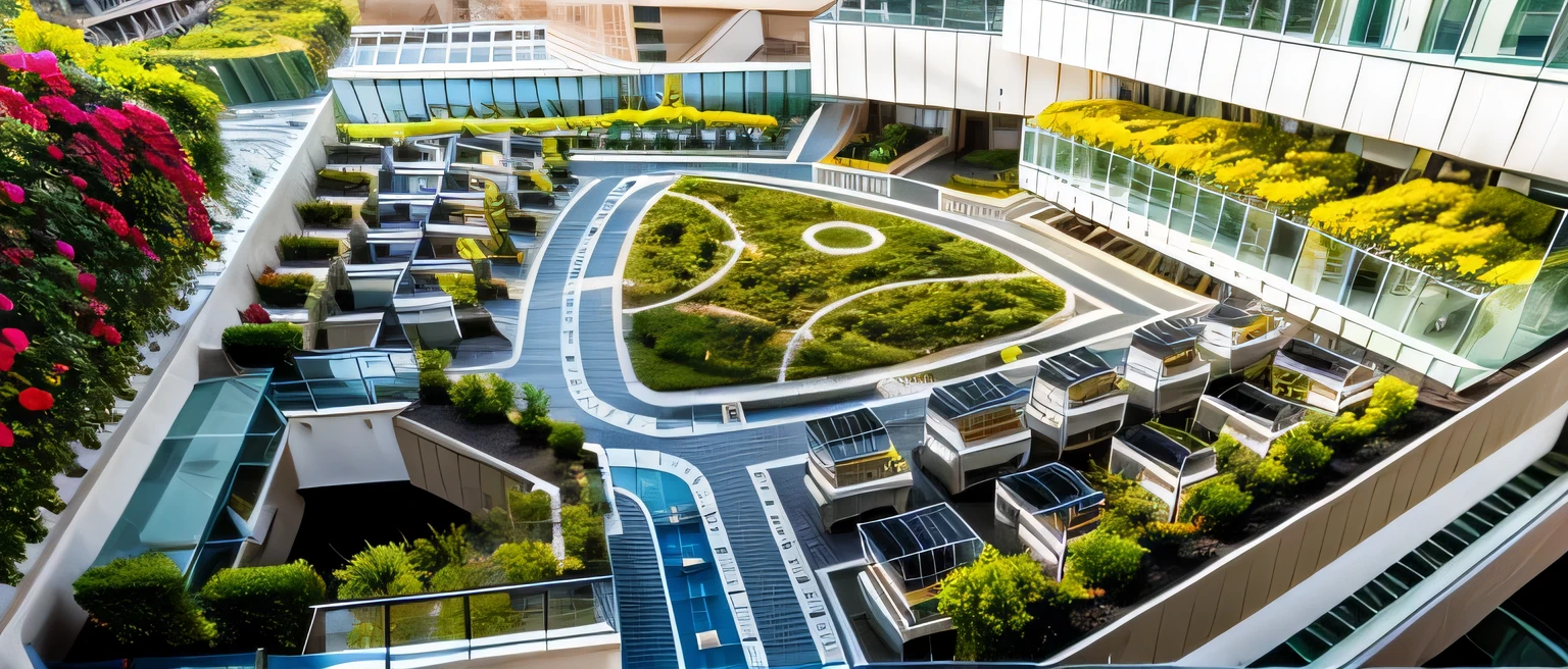 exterior of highrise apartment building, contemporary style, balconies, plants and flowers on balconies, vivid colour, beautiful landscape, stone pavement,cars, realistic, RAW photo, 8k uhd, dslr, soft lighting, high quality, film grain, Fujifilm XT3,masterpiece,