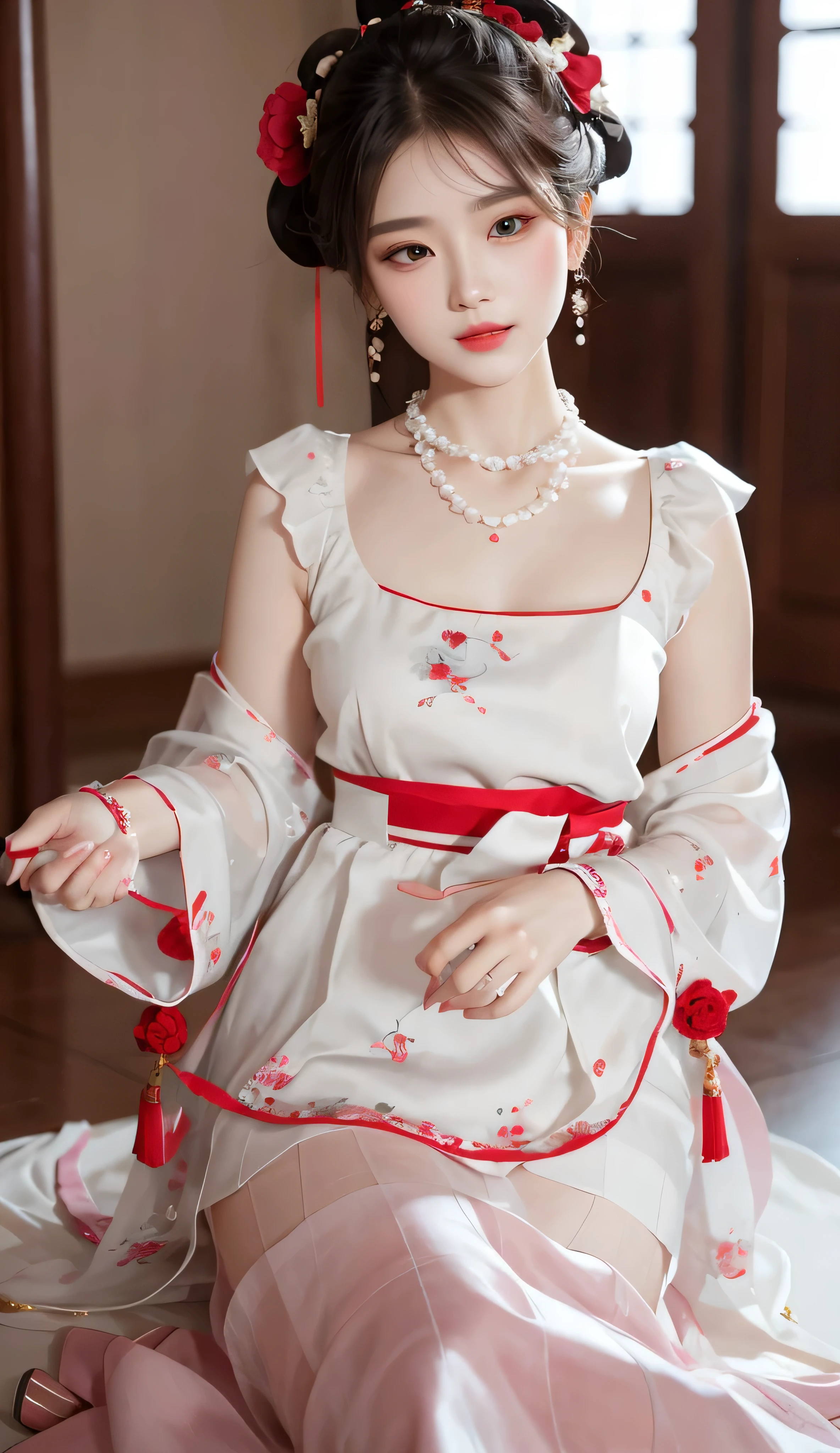 One wearing a white dress、Close-up of woman wearing tablecloth, beautiful fantasy queen, ((beautiful fantasy queen)), palace , A girl wearing Hanfu, chinese princess, Inspired by Lan Ying, white hanfu, beautiful figure painting, Inspired by Qiu Ying, guweiz, Beautiful rendering of the Tang Dynasty, hanfu, Popular topics on cgstation
