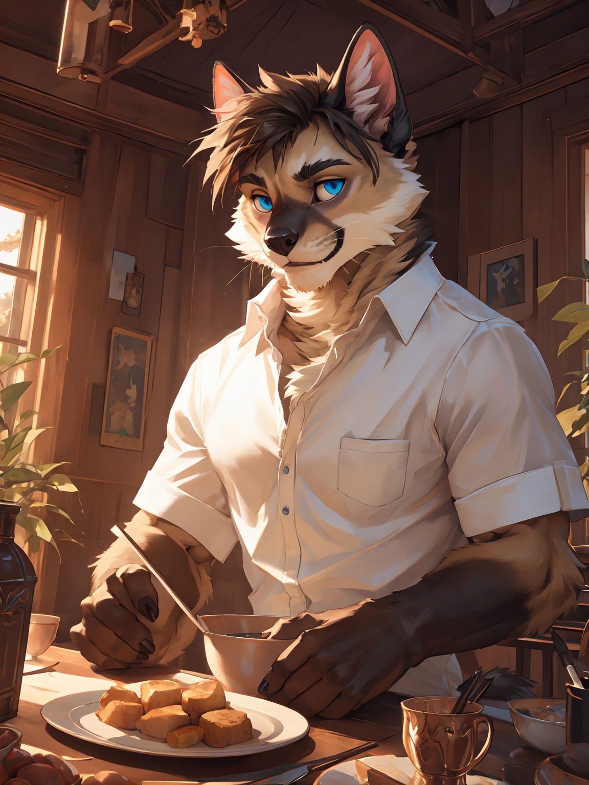 uploaded on e621, (by Homogenousrule, by Wildering, by Foxovh, by Catcouch), solo, male, (Siamese cat:1.25), (huge muscles:1.3), broad shoulders, thick arms, (blue eyes), (brown hair, messy hair), (smile, half-body portrait:1.3), house, highly detailed, cinematic lighting, perfect face, detailed eyes, perfect eyes, perfect hands, masterpiece, best quality, 4k, 2k, shaded, absurd res