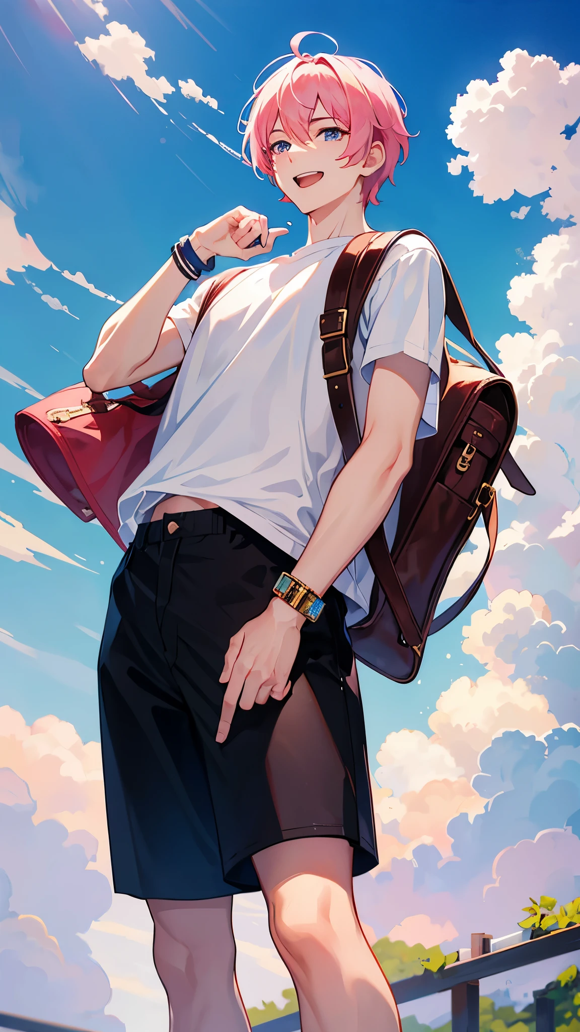 A handsome boy wearing a loose white shirt,Wearing a leather bracelet on the right hand,Put your left hand in your pants pocket。He was wearing a pair of black trousers and Nike sneakers,Carrying a backpack,A tall man with a height of 1.85 meters,Have a pair of slender legs。Squinting his eyes and laughing,Sunny and cheerful。He has a pink shaved hairstyle,Showing an image of pity and innocence。boy's fair skin,It gives a sunny feeling。The background of the entire screen is pure white,While highlighting the boy’s unique charm,,It also creates a pure atmosphere。