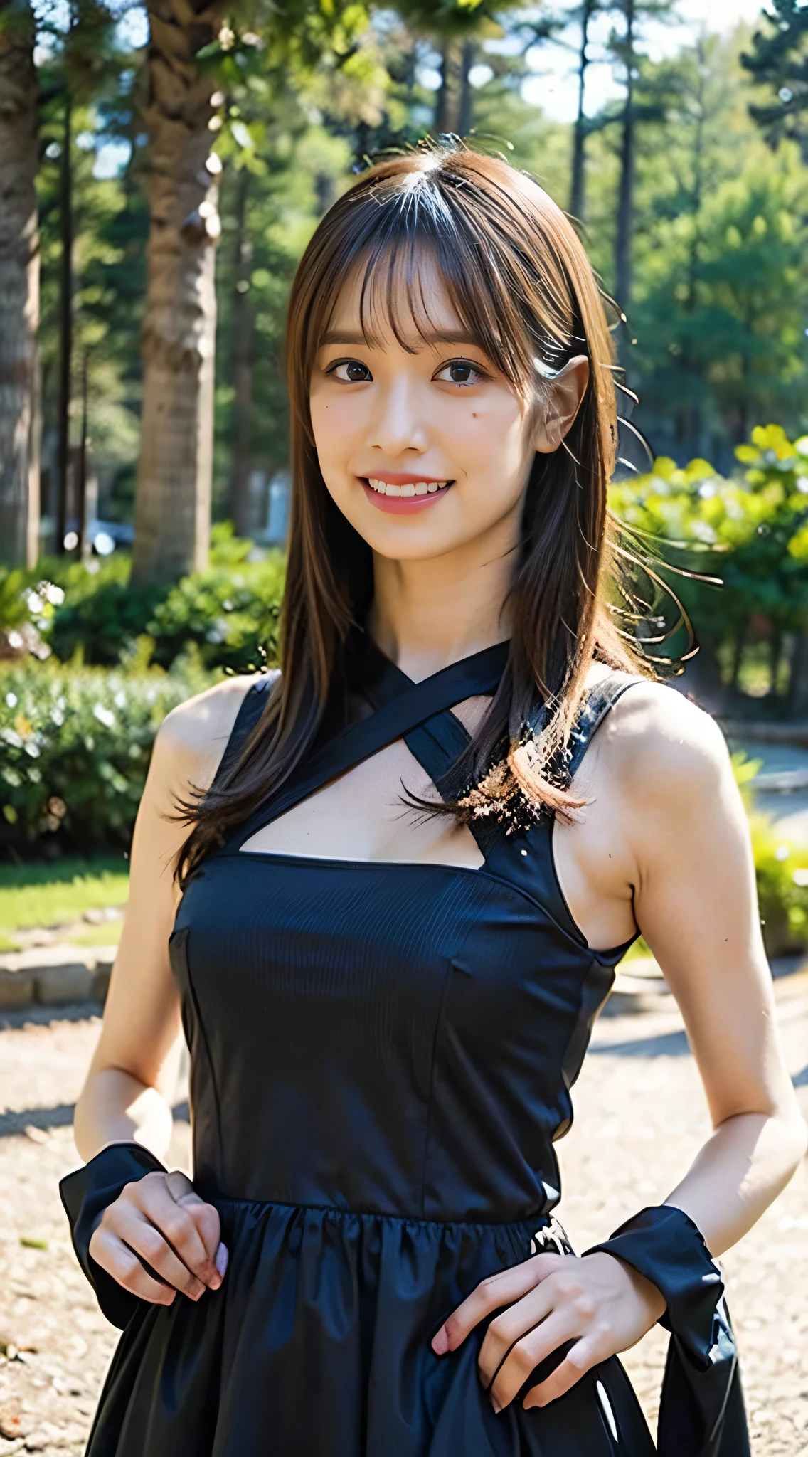 (8K、Raw photo、highest quality、masterpiece:1.2)、(realistic、Photoreal)、1 girl、((in the forest、smile、black long dress、stand with hands on hips、big breasts、Seen from the front、stand with legs apart、))、lots of eyelashes、Glitter on your eyelids、skeletally correct、smile、standing with hands on hips、