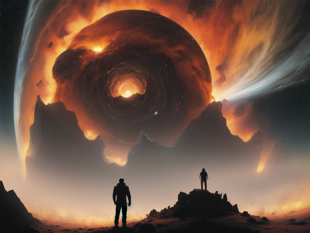 sai-fi, fantastic, realism, gothic,
light like in Rembrandt paintings, IMAX quality, 8k, shot on IMAX fisheye, detailed, elegant, perfection, dramatic light, 
atmosphere of the paintings Beksinski,

with a perspective that dramatizes the black hole's gravitational pull,

cold fire, fire of cold shades of color,

In outer space, the initial stage of absorption of a solar star by a black hole, a black hole next to a solar star, destruction of the solar star,
A very small man in a fantastic space suit stands in the [center] below on top of meteorite mountain around a collapsing meteorite covered in billowing dust, with his back turned, looking at a black hole, ((zoom in a man)), glowing helmet, ((mini man))