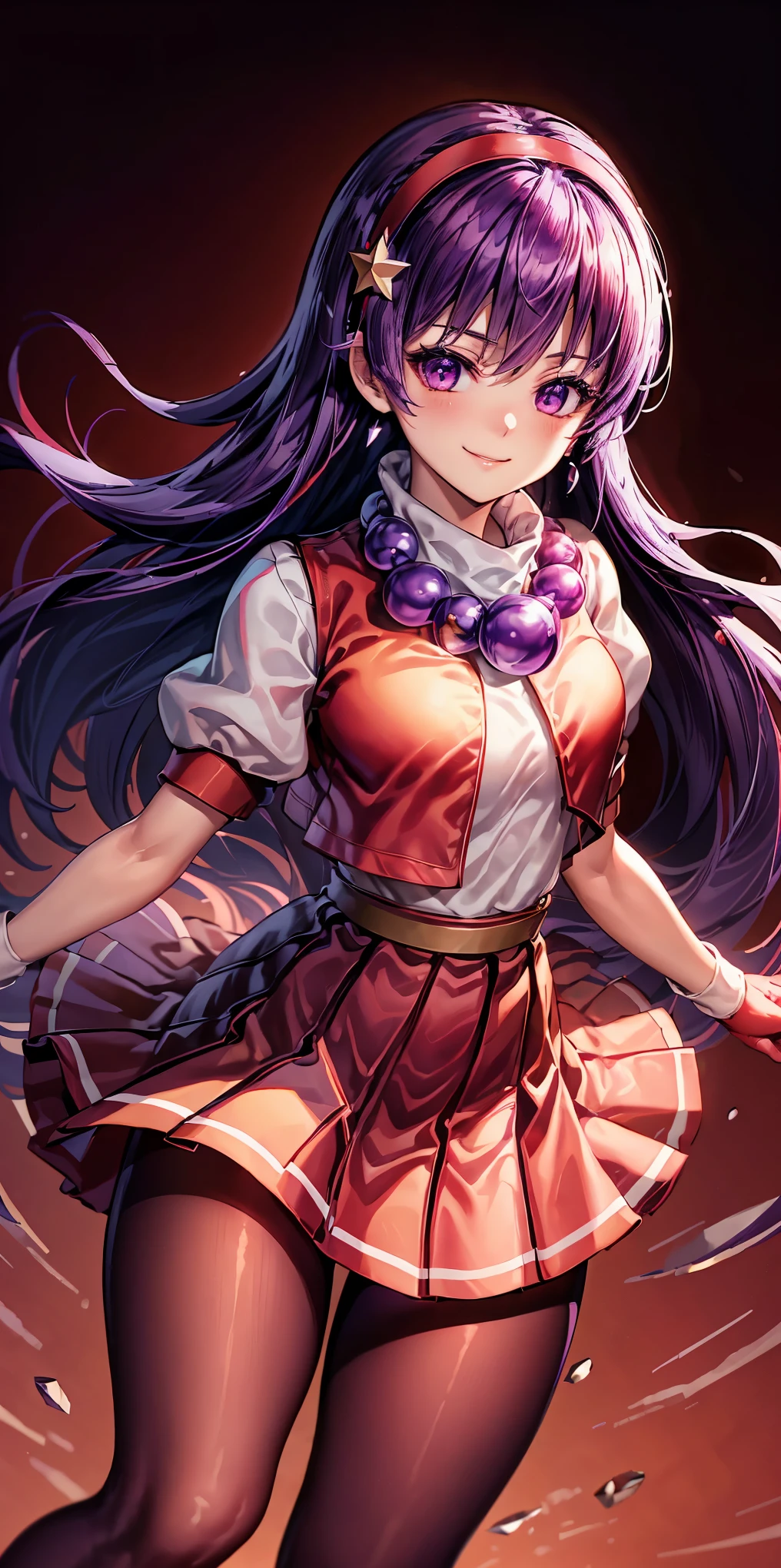 (masterpiece), (best quality), (ultra-detailed), intricate detail, no background, white background, athena97, 1 girl, solo, purple eyes, purple hair, long hair, white earrings, red hairband, star hair ornament, medium breats, red vest, white turtleneck, white puffy sleeves, short sleeves, red pleated skirt, (deep red pantyhose:1.2), black pantyhose, yellow belt, purple sphere shape necklace, red fingerless gloves, white short socks, red shoes, photography, smile, blush, fighting stance, cowboy shot,