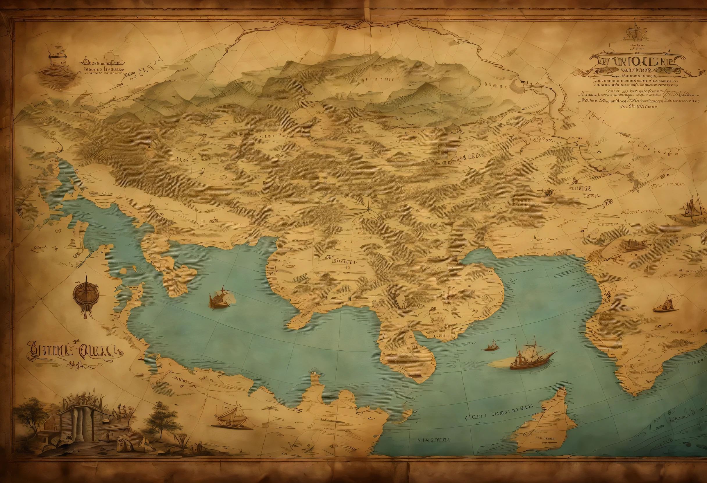 Ancient fictional map,Drawn on parchment,It's cold in the north,Southern heat,Fictional world map