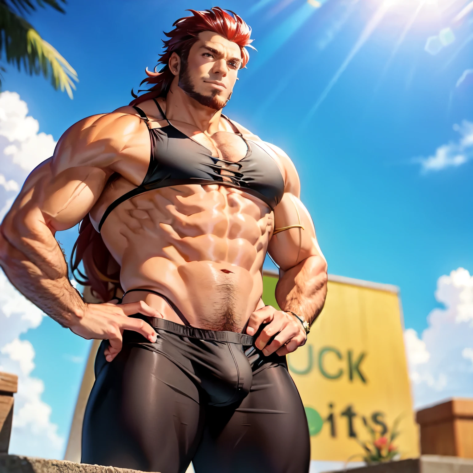 （masterpiece，best qualtiy：100），solo，malefocus，1boy，Iskandar，Mature male，big muscular male，Large muscles，looking at viewert，both hands on hip，(((micro，v string，bikini，male bra，male brassiere)))，Thick thighs，(((erect nipple)))，(((bottomless)))，from below，gigantic bulge bikini，8K，covered erection，