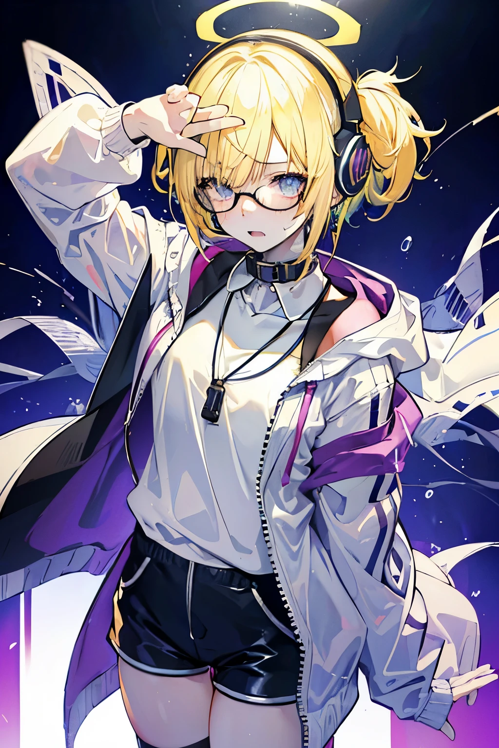 Female gamer, ((wet white shirt, zippered fashion windbreaker, hot pants, glasses, earrings, necklace, necklace, mask, headphones, cute collar)), (idol charming halo, blur effect, bubble effect, black glowing pupils, Arcade style makeup, petite, blushing, angry face, blonde hair), (masterpiece, extreme body details, high resolution, original characters, best anime 16k wallpaper quality, best sad lighting, body fluids), full body shot
