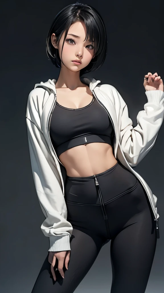 1 girl、A beautiful girl wearing a gray front zipper sweatshirt over a sports bra and leggings looks at me、Idol-class cuteness、boyish、baby face、black hair undercut short hair、accurately drawn face、slender、healthy thighs、wet skin、Smaller sports bra、Short black leggings、Wear the gray front zipper sweatshirt with the front open.、Standing in honor、At the stadium、anatomically correct、precise fingers、exact limbs、
