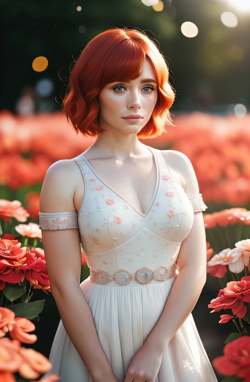 (masterpiece), (extremely intricate:1.3),(realistic), bryce dallas howard, ((short chanel), red hair, portrait of a woman, the most beautiful in the world, (floral dressr), outdoors, intense sunlight, flower shop, professional photograph of a stunning woman detailed, sharp focus, dramatic, award winning, cinematic lighting, octane render, unreal engine, volumetrics dtx, (film grain, bokeh, blurry foreground, blurry background), crest on chest
