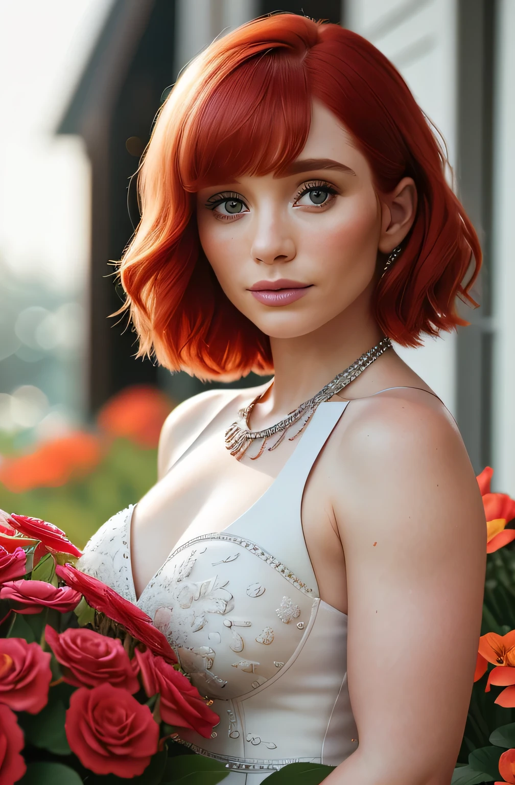 (masterpiece), (extremely intricate:1.3),(realistic), bryce dallas howard, ((short chanel), red hair, portrait of a woman, the most beautiful in the world, (floral dressr), outdoors, intense sunlight, flower shop, professional photograph of a stunning woman detailed, sharp focus, dramatic, award winning, cinematic lighting, octane render, unreal engine, volumetrics dtx, (film grain, bokeh, blurry foreground, blurry background), crest on chest
