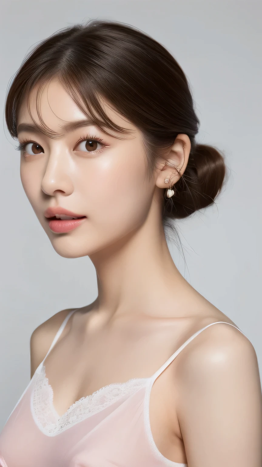 ((highest quality, 8K, masterpiece :1.3)), (realistic, Photoreal:1.4), sharp focus：1.2, 
Bright colors, professional level, shallow depth of field, 
20-year-old, 1 person, A beautiful face with intelligence, 
Supple body :1.3, model body shape:1.5, 頭w:1.4, perfect style：1.4, 
narrow shoulders, beautiful clavicle, long and thin legs, The beauty of slim abs :1.2, thin waist :1.2, 
super detailed skin, Fair skin, Shiny skin, 
super detailed face, slim facial contour, beautiful small face, Beautiful lined nose, 
super detailed eyes, long slit eyes, brown eyes, double eyelid, beautiful thin eyebrows, fine long eyelashes, 
super detailed lips, plump lips, glossy pink lips, flushed cheeks, beautiful teeth, 
Beautiful actress&#39;s ennui makeup, pink lipstick, silver necklace, earrings, 
light brown hair, delicate soft hair, 
(hair up, short hair, ponytail :1.2), layer cut, (dull bangs:1.2), 
(Dress up with trendy fashion:1.2), 
gentle smile, open mouth half way, Enchanted expression, stare at the camera, 
dynamic lighting, ((Hasselblad Photos)), 

((She is completely naked and wearing a tight white linen camisole., Lace on chest and hem:1.2)), 
(perfect breast shape, B cup:1.2), A small pink areola, 
She has a cute plump butt, My thighs are dazzling, 
(View from the front, pay attention to the nipples:1.2), 