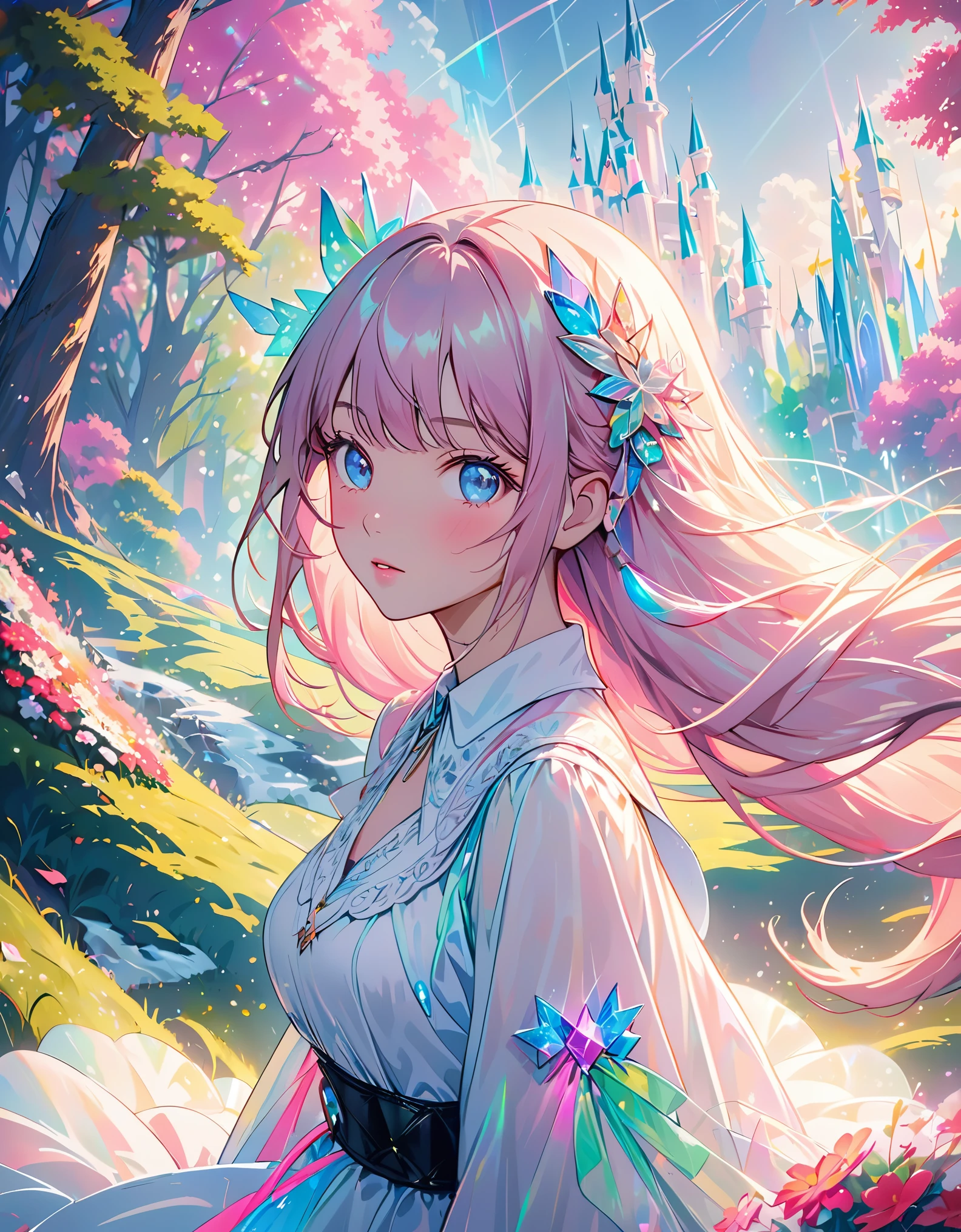(Fluorescent color:1.4),(translucent:1.4),(retro filter:1.4), (fantasy:1.4), Candyland Disneyland Ethereal Soft Fluffy Soft Landscape Forest Snow Avatar Soft Pink Sky Green Blue Glitter Ethereal Light Soft Whimsical Light Rainbow Stars Diamond Sparkling Gem Background Surreal Ultra Quality Cinematic Lighting Huge Details Full HD Light adequate,side fringe,, collared dress,aside, masterpiece, best quality,Genuine Leather,(portrait:1.5), 1 girl, blunt bangs, long hair