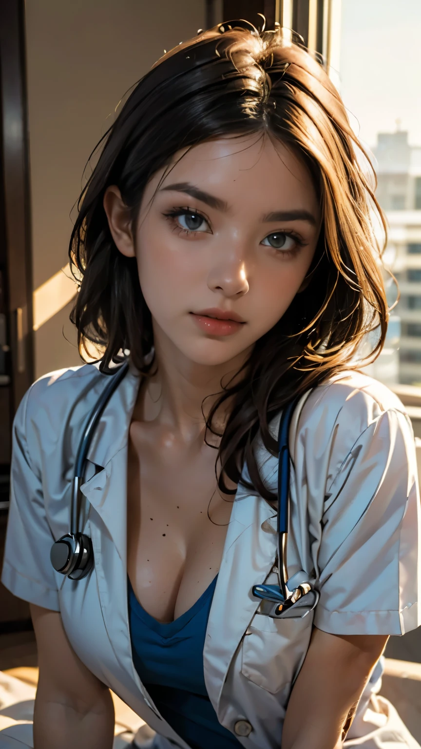 (((HD photo))), ultra high res.photorealistic, UHD, masterpiece, trending on artstation, portrait, pov, 1girl, pretty, cute face, most beautiful in the world,  soft, delicate, detailed eyes, detailed hair, cleavage, (long red hair), (large sagging breasts:1.1), (wearing white doctor uniform:1.2), medical fetish, stethoscope, examination, sunkissed, sunset hospital ward background, bokeh, depth of field, (warm glow:1.2), (soft lighting:1.1), (shadows), sfw