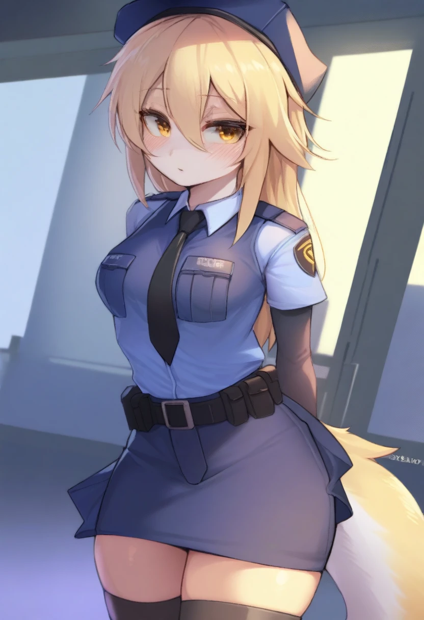 (masterpiece, best quality:1.2), police woman in detailed (skirt police uniforms), covered chest completely, blonde,