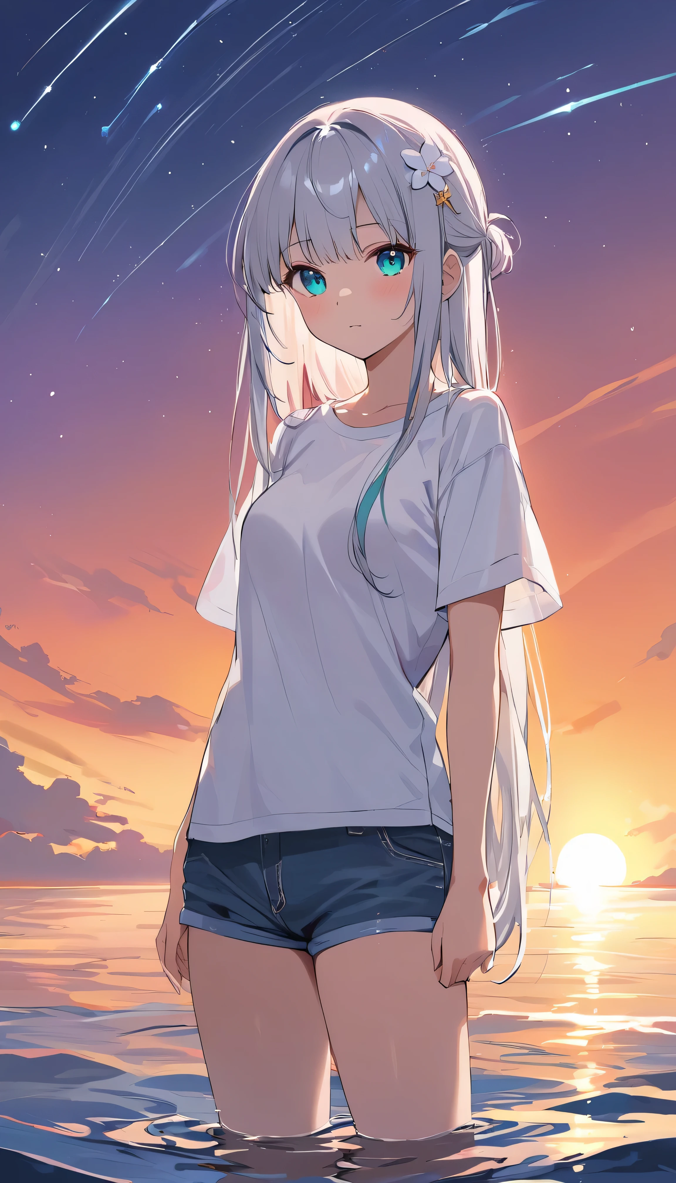 Perfect color, masterpiece, best quality, full HD, plain water, air reflection, sunset, shooting stars, 1girl, (young girl), slim body, perfect legs, medium breast, long hair, bangs, white hair, white flower hair ornament, detailed beautiful eyes, glowing eyes, bright aqua eyes , standing upper water, oversized white T-shirt