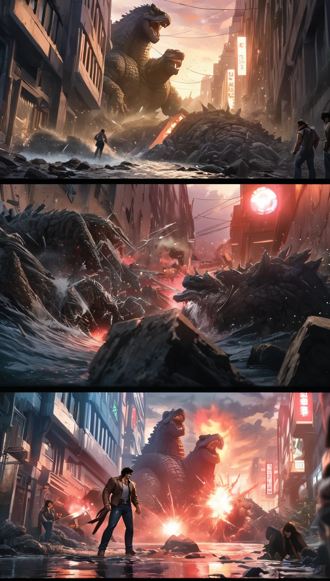 Comic city hunter style,Giant Godzilla wreaks havoc in the heart of the city,explode,Red light soars into the sky,Broken and collapsed building,standing water,stone,,exposed steel bars,electric spark,low angle view,colorful,Japanese cartoonist Tsukasa Hojo's style,depth of field,OC renderer,Movie lighting,Super fine,Super detailed,CG art,
