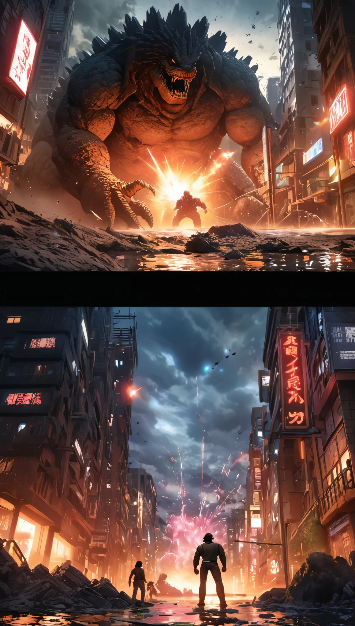 Comic city hunter style，Giant Godzilla wreaks havoc in the heart of the city，explode，Red light soars into the sky，Broken and collapsed building，standing water，stone，，exposed steel bars，electric spark，low angle view，colorful，Japanese cartoonist Tsukasa Hojo&#39;s style，depth of field，OC renderer，Movie lighting，Super fine，Super detailed，CG art，