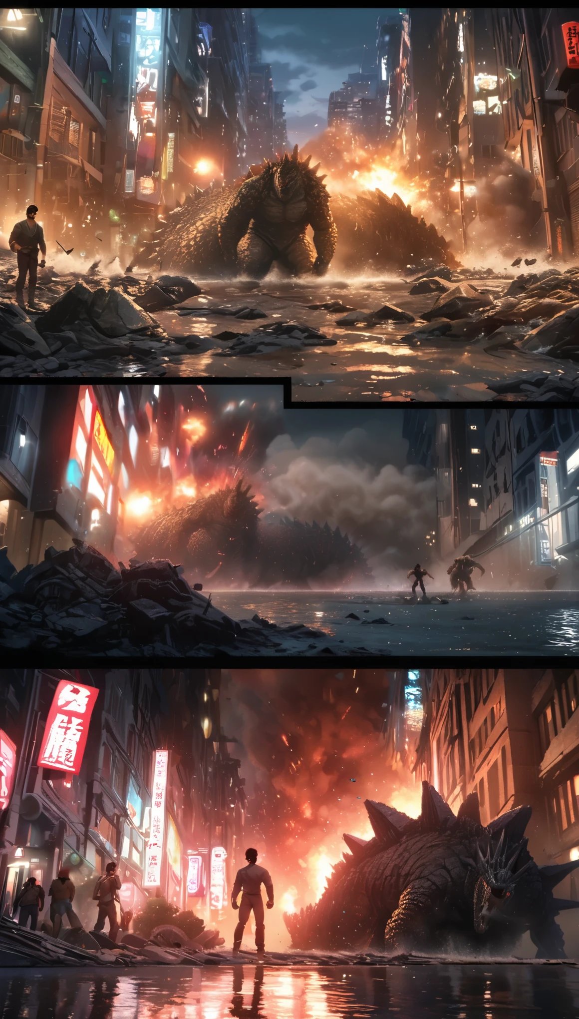 Comic city hunter style，Giant Godzilla wreaks havoc in the heart of the city，explode，Red light soars into the sky，Broken and collapsed building，standing water，stone，，exposed steel bars，electric spark，low angle view，colorful，Japanese cartoonist Tsukasa Hojo&#39;s style，depth of field，OC renderer，Movie lighting，Super fine，Super detailed，CG art，