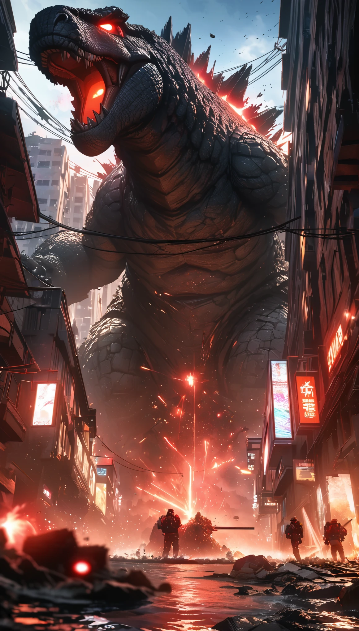 Flat coating，Vector illustration，Rich details，Angry super giant Godzilla in the city looking down at the city below，（（（The dorsal fin is filled with blue energy））），（（glow effect）），Huge waves hit the city，explode，Red light soars into the sky，Broken and collapsed building，standing water，stone，exposed steel bars，electric spark，shoulder level view，colorful，Rescue helicopters，depth of field，Movie lighting，Super fine