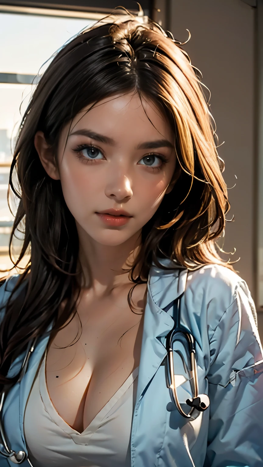 (((HD photo))), ultra high res.photorealistic, UHD, masterpiece, trending on artstation, portrait, pov, 1girl, pretty, cute face, most beautiful in the world,  soft, delicate, detailed eyes, detailed hair, cleavage, (long red hair), (large sagging breasts:1.1), (wearing white doctor uniform:1.2), medical fetish, stethoscope, examination, sunkissed, sunset hospital ward background, bokeh, depth of field, (warm glow:1.2), (soft lighting:1.1), (shadows), sfw