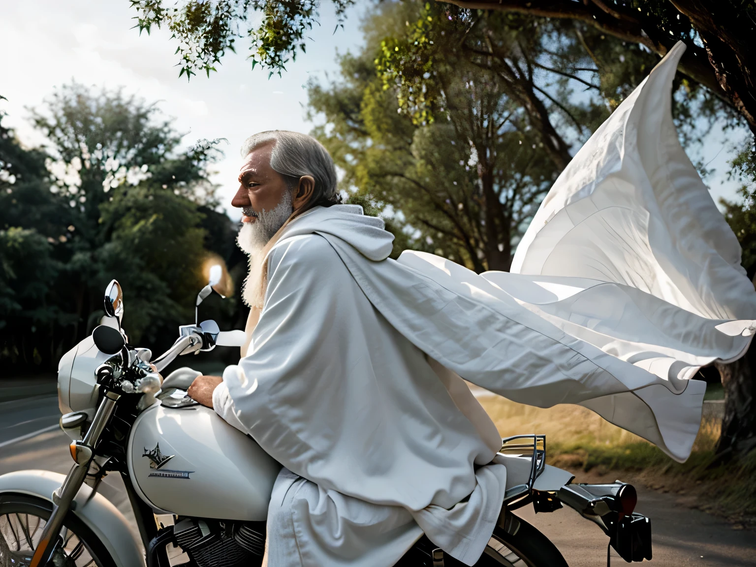 Low angle side view of Gandalf in white cloak riding on motorbike morning light