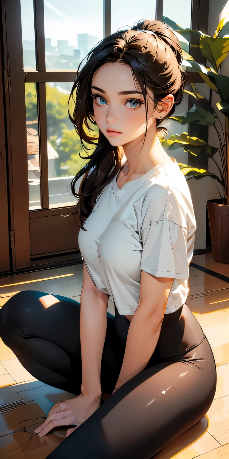 8K、masterpiece, highest quality, ultra high resolution, highest resolution, professional lighting, orange light lighting、Backlight、antique wood interior、Foliage plant、Large indoor、Full body angle shot、dim lighting、yogaのポージングをする女性, small face、white skin、turquoise eyes、beautiful eyes、beautiful eyelashes、beautiful eyes、highlight:1.2)、beautiful feet、 (detailed face and iace:1 2)、almond eye、(ponytail)、(three-dimensional lips、plump lips) 、(oval face : 1.4)、(realistic skin texture, realistic))、((detailed face,round face contour、brown hair、yogaウェア 、tops、 yogaパンツ 、yogaleggings、 yogaウエア、 body shape cover 、yoga 、Gym 、ピラティス ウェア yogaウエア 、cute woman 、Snazzy、 short sleeve、 ホットyoga 、leggings、yogaマット、sitting cross-legged