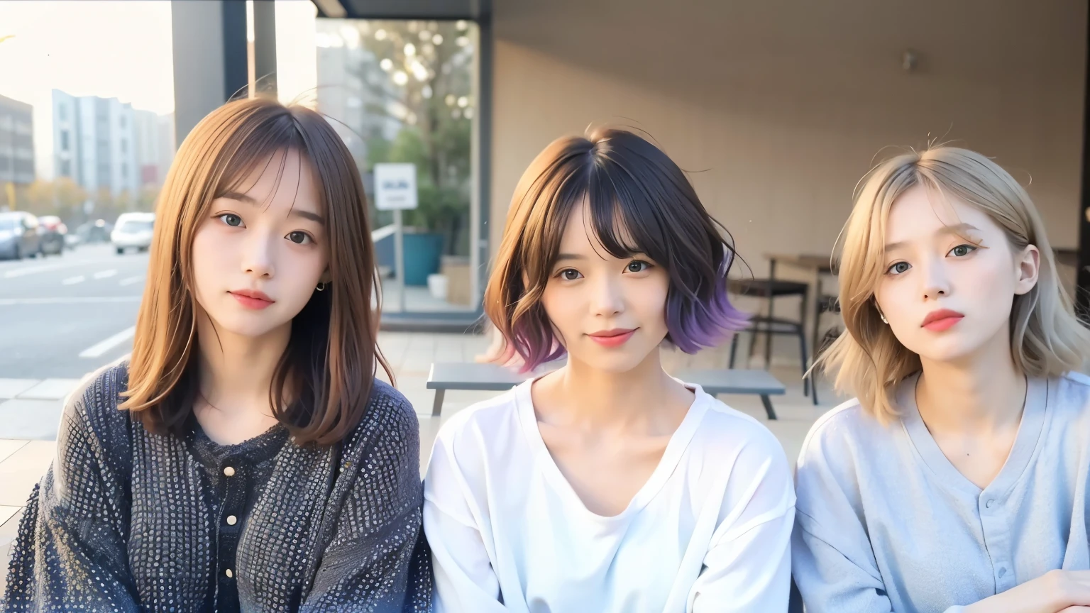 mix 4,(highest quality), (Photoreal),(Background of the café:1.2), 1 female, Upper body, high detail face,, (The hair color is very bright on the inside.)、Fujifilm XT3、 (8K)、less bangs、(short hair:1.3)、(hair with the ends facing outward:1.6)、wet hair、smile、Delicate and realistic skin and hair、(cowboy shot:1.5)、Patterned lace clothes Cesium bob hair:1.1)、(Overlapping blonde hair color:1.5)、less hair、Adult-like appearance、looking here、(Shoulder-covering clothing:1.5)、Splash in the cafe、spring clothes、(smile:1.3)、(髪のThe hair color is very bright on the inside.:2)、different hair colors、(Hair color that mixes various colors:1.8)、Unicorn Color、Rainbow Corner Color、Hair that has been bleached many times、(hair color close to white:1.5)、1 person、dramatic、flowing side hair、Layered Hair Color、model pose、Partially black hair、beautiful body line