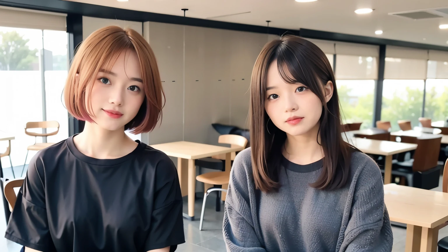 mix 4,(highest quality), (Photoreal),(Background of the café:1.2), 1 female, Upper body, high detail face,, (The hair color is very bright on the inside.)、Fujifilm XT3、 (8K)、less bangs、(short hair:1.3)、(hair with the ends facing outward:1.6)、wet hair、smile、Delicate and realistic skin and hair、（cowboy shot:1.5）、Patterned lace clothes Cesium bob hair:1.1)、（Overlapping blonde hair color:1.5）、less hair、Adult-like appearance、looking here、（Shoulder-covering clothing:1.5）、Splash in the cafe、spring clothes、(smile:1.3)、（髪のThe hair color is very bright on the inside.:2）、different hair colors、（Hair color that mixes various colors:1.8）、Unicorn Color、Rainbow Corner Color、Hair that has been bleached many times、（hair color close to white:1.5）、1 person、dramatic、flowing side hair、Layered Hair Color、model pose、Partially black hair、beautiful body line