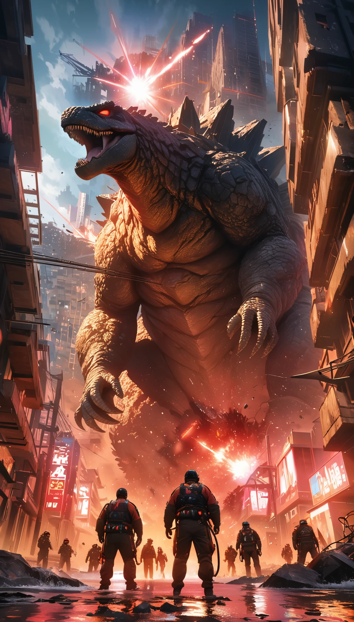Flat coating，Vector illustration，Rich details，Angry super giant Godzilla in the city looking down at the city below，（（（The dorsal fin is filled with blue energy））），（（glow effect）），Huge waves hit the city，explode，Red light soars into the sky，Broken and collapsed building，standing water，stone，exposed steel bars，electric spark，shoulder level view，colorful，Rescue helicopters，depth of field，Movie lighting，Super fine