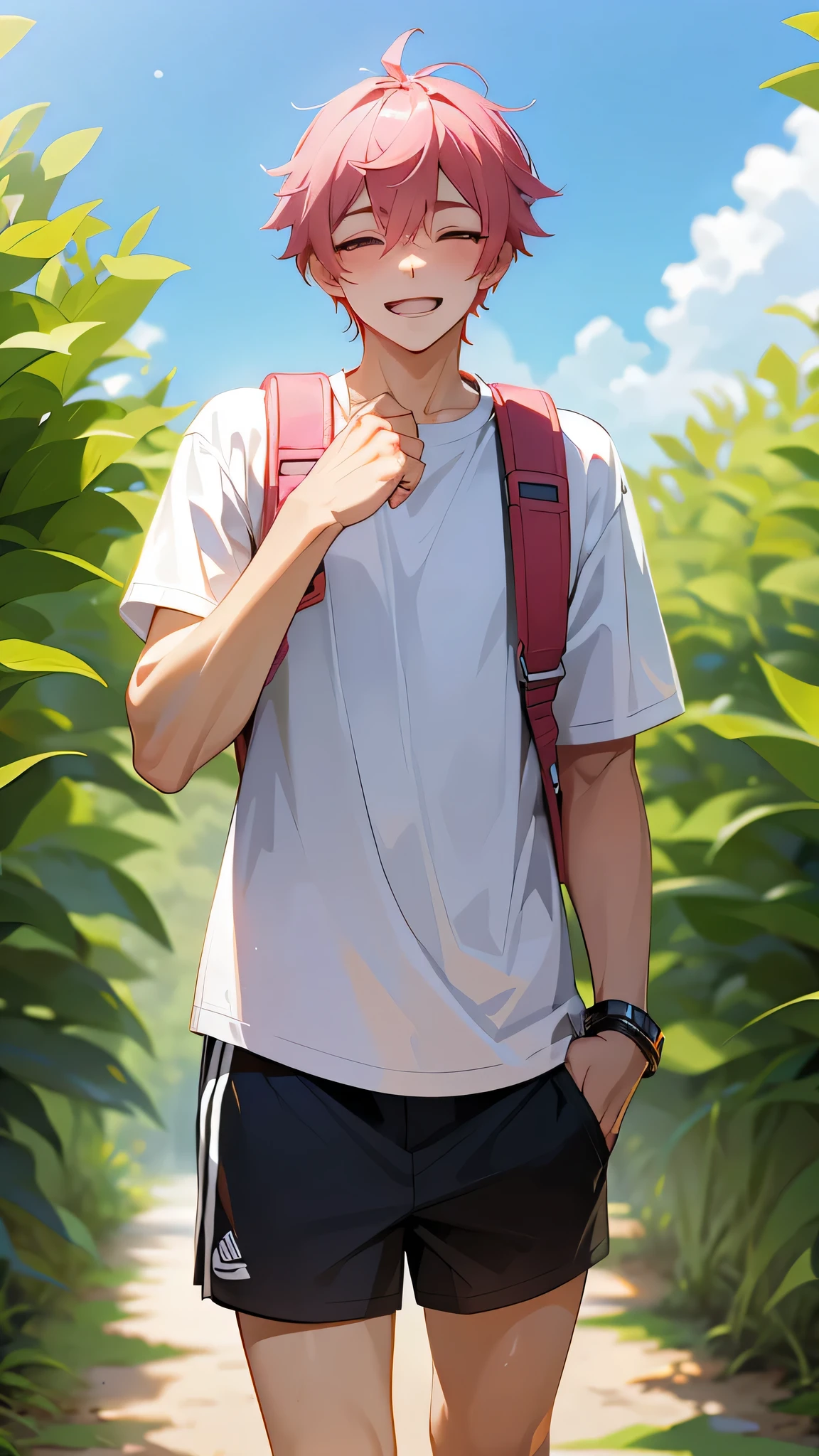 A handsome boy wearing a loose white shirt，Wearing a leather bracelet on the right hand，Put your left hand in your pants pocket。He was wearing a pair of sports shorts and Nike sneakers，Carrying a backpack，A tall man with a height of 1.85 meters，Have a pair of slender legs。Squinting his eyes and laughing，Sunny and cheerful。He has a pink shaved hairstyle，Show a cute and innocent image。boy&#39;s fair skin，It gives a sunny feeling。The background of the entire screen is pure white，While highlighting the boy’s unique charm,，It also creates a pure atmosphere。