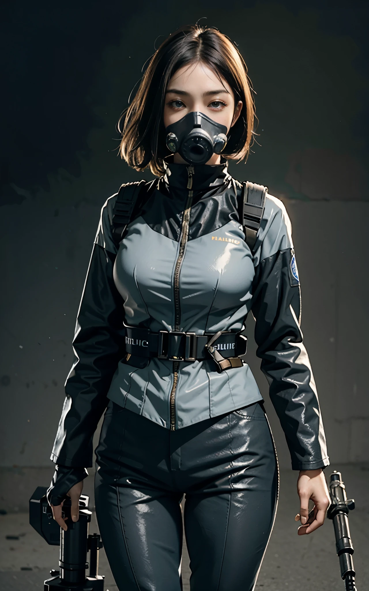 Highest image quality, outstanding details, ultra-high resolution, (realism: 1.4), ((close up:0.75)), highly condensed 1 lady, beautiful perfect proportion, (chubby:0.3, small breasts), (cloths color base ratio black:0.4 white:0.5 other-color:0.1), (wearing rash-guard likes police uniform, black and gray mecha, wearing high-tech heavy full-gasmask with futuristic goggles, military harness, holding a machinegun, carrying hich-tech-flamethrower-tank on back), captain, background simple grey wall,