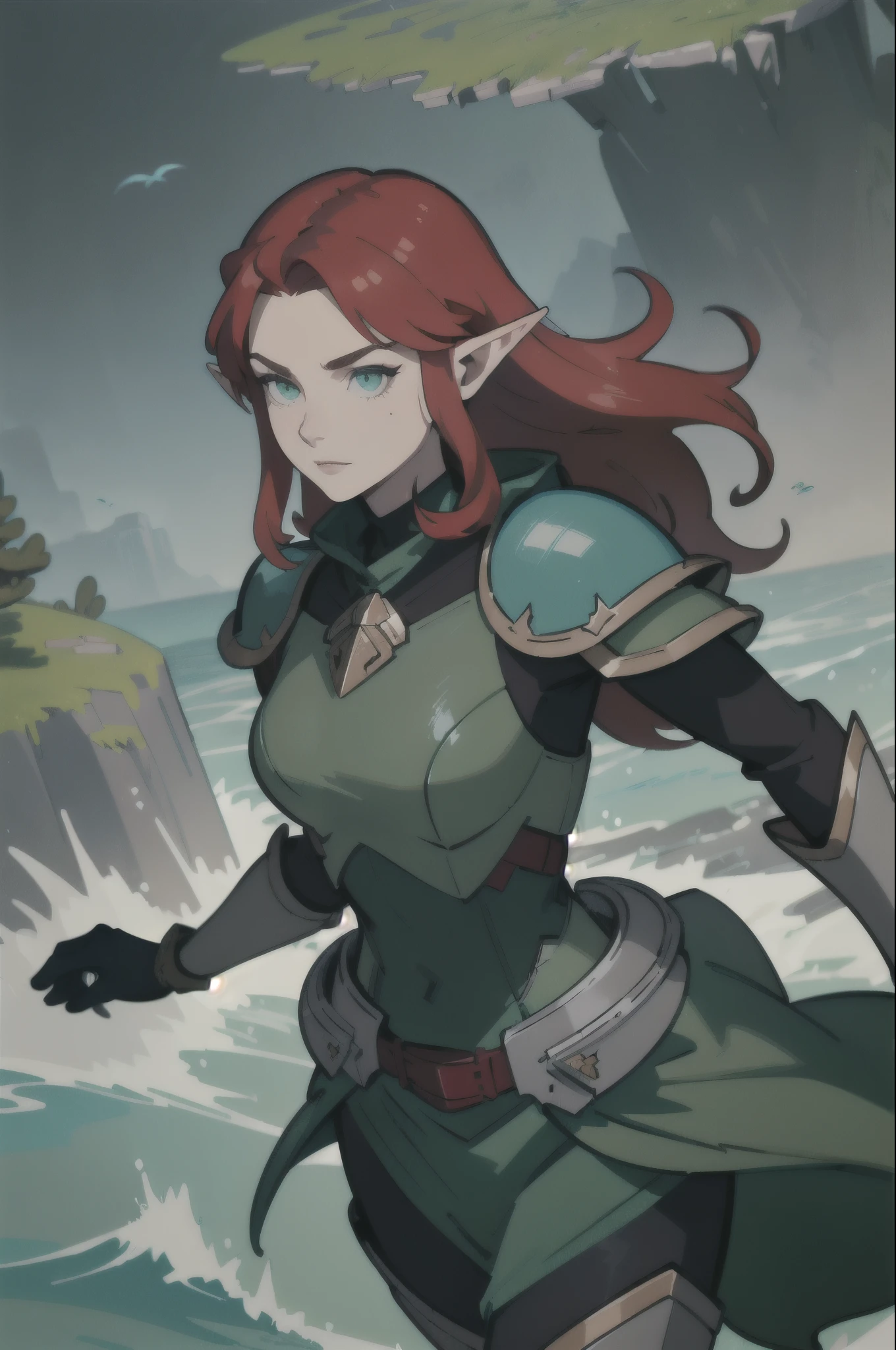 (masterpiece, best_quality, Ultra detailed, irreproachable: 1.3), epic, illustration, elf mountain desert warrior lord, armor, dark hair, ((Red hair)), very long hair, in the deep ocean, in a lush spring forest, bomb hair, bright gray hair with sea green highlights, Bob Flapper, lock of hair