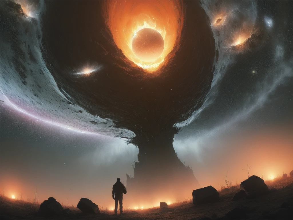 sai-fi, fantastic, realism, gothic,
light like in Rembrandt paintings, IMAX quality, 8k, shot on IMAX fisheye, detailed, elegant, perfection, dramatic light, 
atmosphere of the paintings Beksinski,

with a perspective that dramatizes the black hole's gravitational pull,

cold fire, fire of cold shades of color,

In outer space, the initial stage of absorption of a solar star by a black hole, a black hole next to a solar star, destruction of the solar star,
A very small man in a fantastic space suit stands in the [center] below on top of meteorite mountain around a collapsing meteorite covered in billowing dust, with his back turned, looking at a black hole, ((zoom in a man)), glowing helmet, ((mini man))