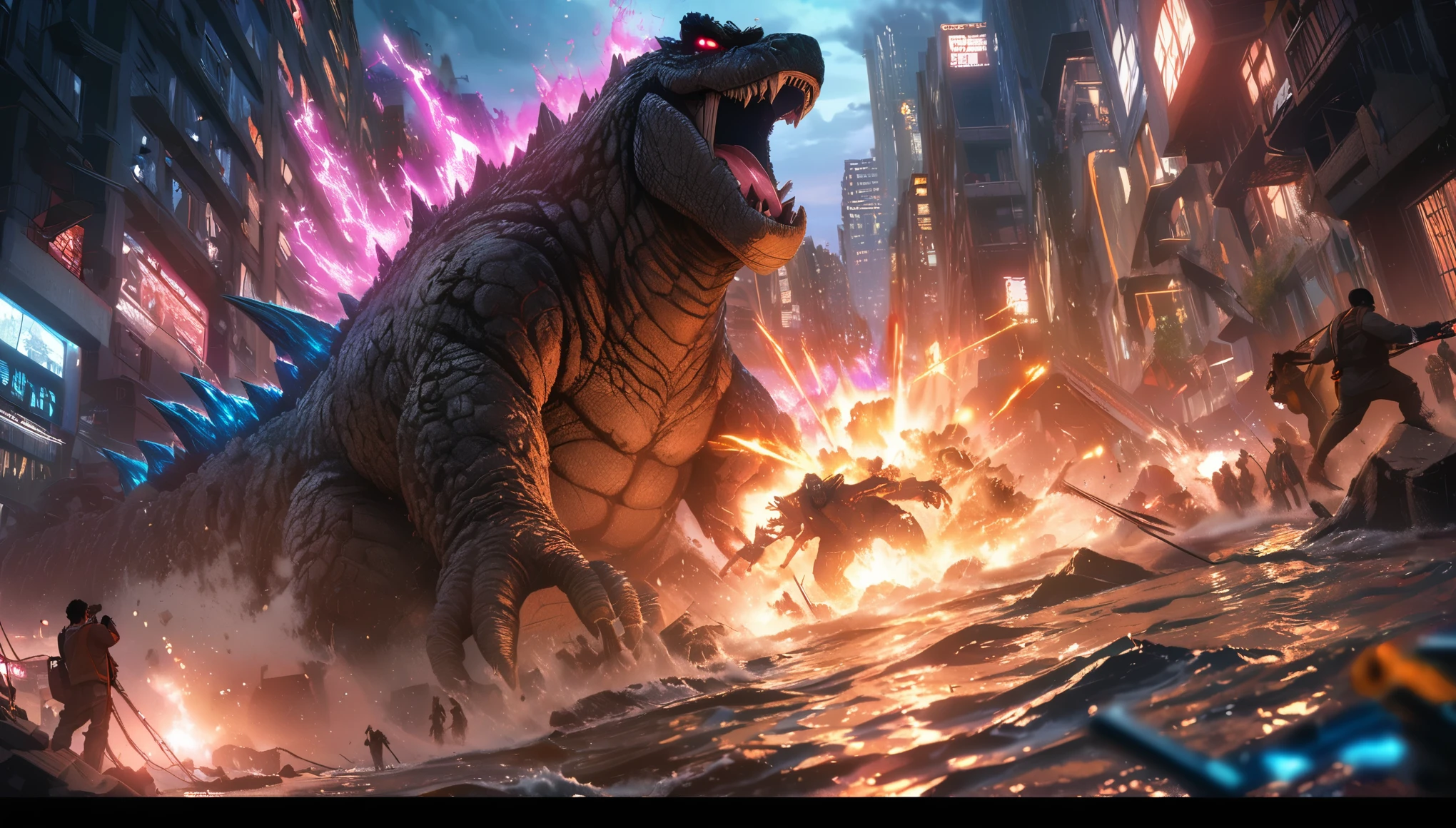 Rich details,Angry, giant Godzilla wreaks havoc in the heart of the city,Energizing,The dorsal fin is filled with blue energy,glow effect,explode,Red light soars into the sky,Broken and collapsed building,standing water,stone,exposed steel bars,electric spark,Aerial viewing angle,colorful,Rescue helicopters,depth of field,OC renderer,Movie lighting,Super fine,Super detailed,CG art,