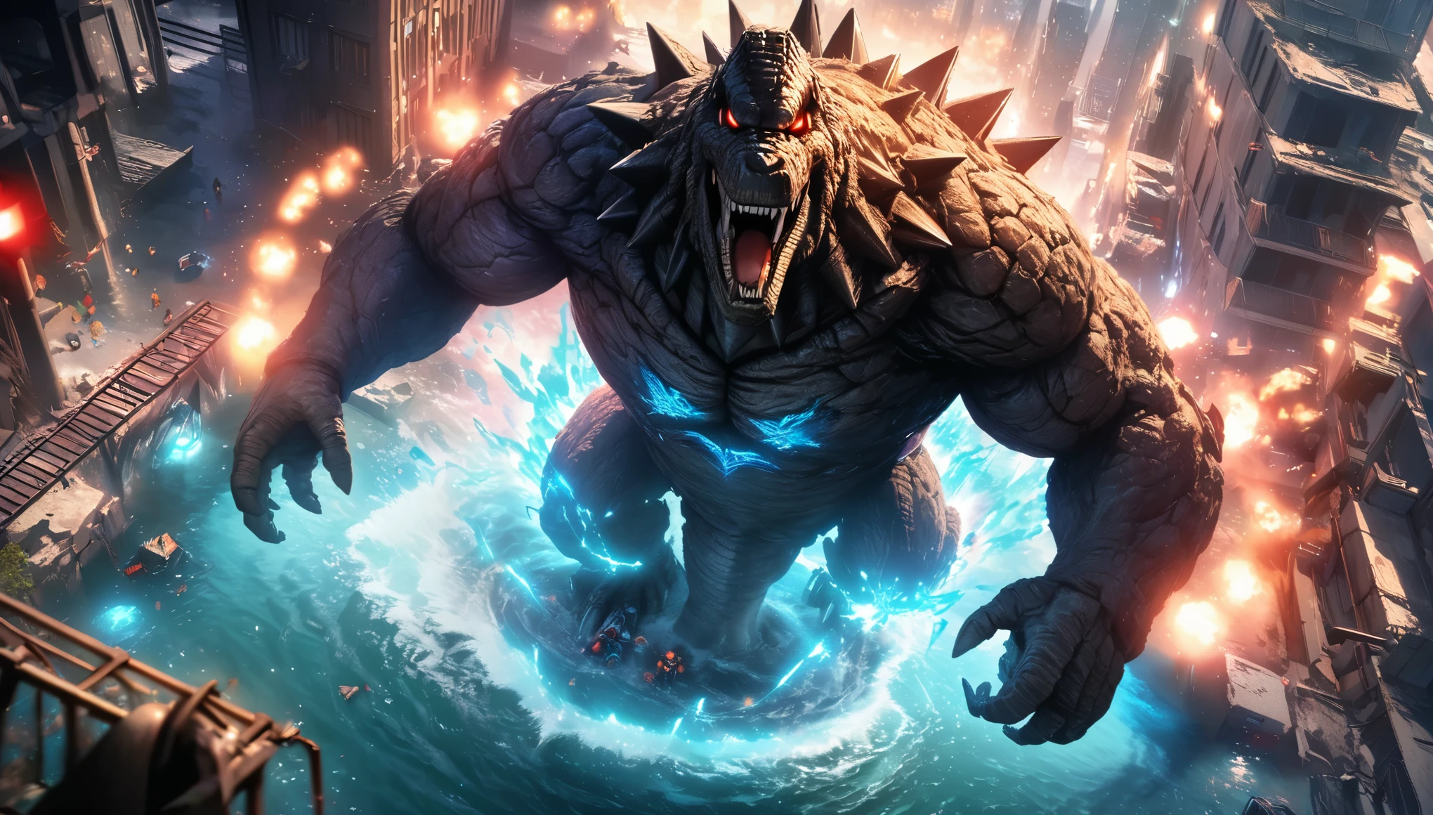 Rich details,Angry, giant Godzilla wreaks havoc in the heart of the city,Energizing,The dorsal fin is filled with blue energy,glow effect,explode,Red light soars into the sky,Broken and collapsed building,standing water,stone,exposed steel bars,electric spark,Aerial viewing angle,colorful,Rescue helicopters,depth of field,OC renderer,Movie lighting,Super fine,Super detailed,CG art,