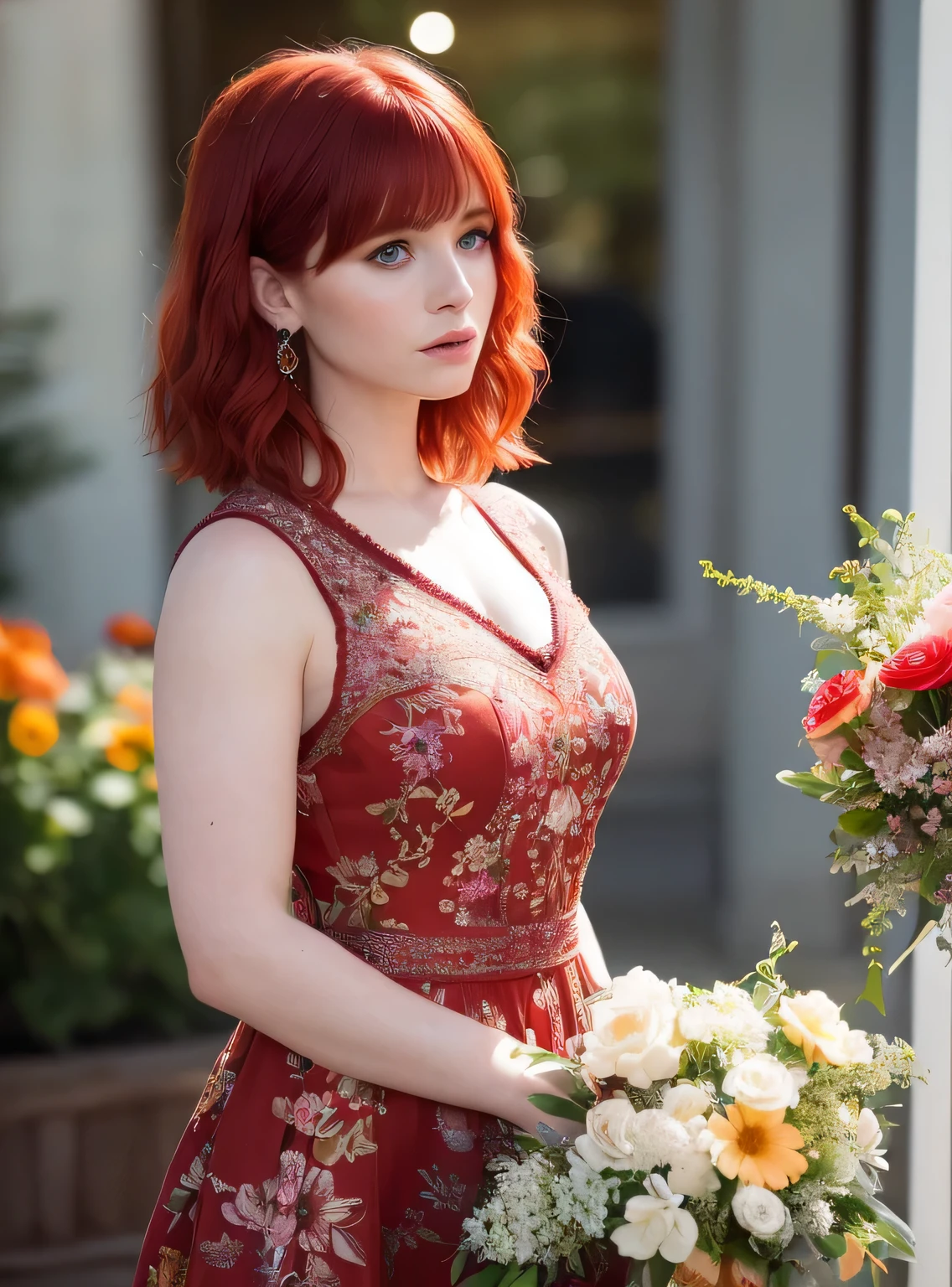 (masterpiece), (extremely intricate:1.3),(realistic), bryce dallas howard, ((short chanel), red hair, portrait of a woman, the most beautiful in the world, (floral dressr), outdoors, intense sunlight, flower shop, professional photograph of a stunning woman detailed, sharp focus, dramatic, award winning, cinematic lighting, octane render, unreal engine, volumetrics dtx, (film grain, bokeh, blurry foreground, blurry background), crest on chest
