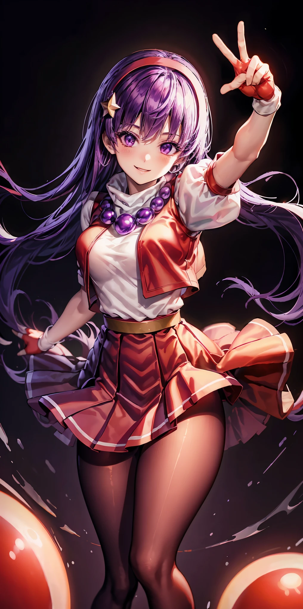 (masterpiece), (best quality), (ultra-detailed), intricate detail, no background, white background, athena97, 1 girl, solo, purple eyes, purple hair, long hair, white earrings, red hairband, star hair ornament, medium breats, red vest, white turtleneck, white puffy sleeves, short sleeves, red pleated skirt, (deep red pantyhose:1.2), black pantyhose, yellow belt, purple sphere shape necklace, red fingerless gloves, white short socks, red shoes, smile, blush, peace fingers, cowboy shot,