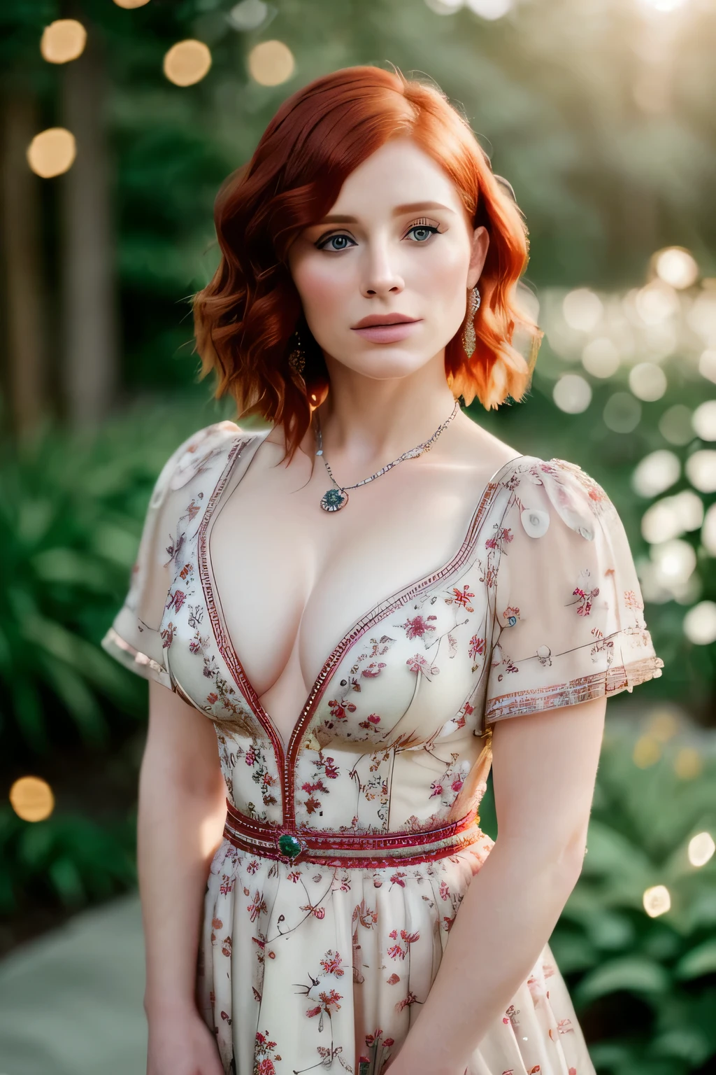 (masterpiece), (extremely intricate:1.3),(realistic), bryce dallas howard, ((short chanel), red hair, portrait of a woman, the most beautiful in the world, (floral dressr), outdoors, intense sunlight, flower shop, professional photograph of a stunning woman detailed, sharp focus, dramatic, award winning, cinematic lighting, octane render, unreal engine, volumetrics dtx, (film grain, bokeh, blurry foreground, blurry background), crest on chest