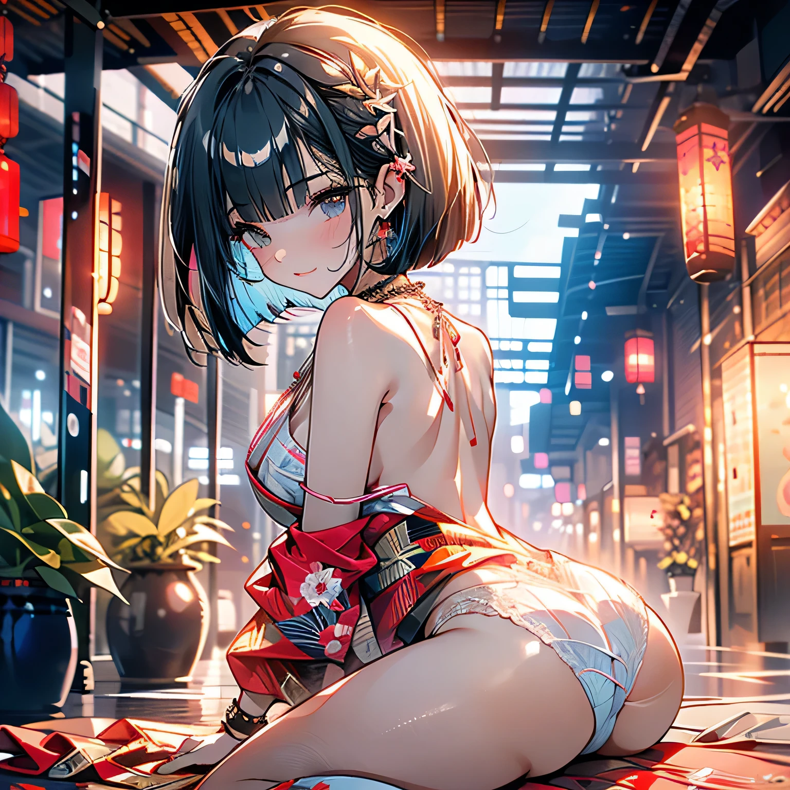 ((s toward the viewer)), (looking back at the viewer), ((1girl,cute,japanese,young,short beautiful black hair,bob cut,blunt bangs,beautiful black eyes)),(solo),(japanese beautiful floral kimono,yukata),((topless)),(Looking back, buttcus, Lying on the elegant beautiful gorgeous futon on all fours,legs wide open),((white beautiful elegant panties)leaming skin,Vulgar,(nsfw),((masterpiece, highest resolution,best quality)), (beautiful illustration),drunken eyes,sweating,Embarrassed,orgasm,mouth opwing teeth,garter belt,white over-kneehighs,Lace chalker, wristband, diamond necklace,wristband, white fingerless gloves, earrings,beautiful elegant japanese inn,lantern,nice view,full moon,