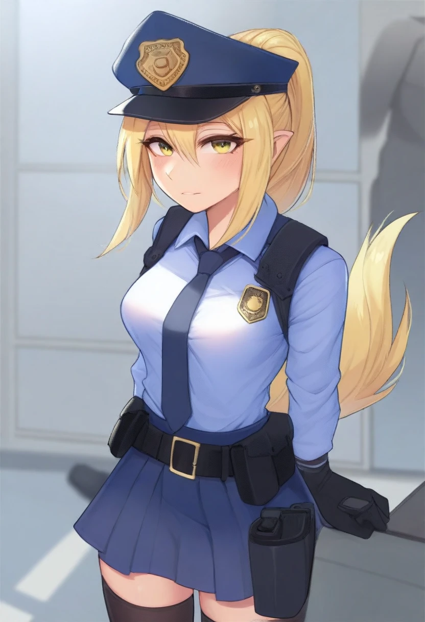 (masterpiece, best quality:1.2), police woman in detailed (skirt police uniforms), covered chest completely, blonde,