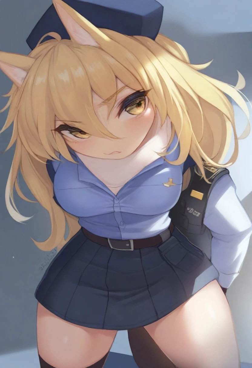 (masterpiece, best quality:1.2), police woman in detailed (skirt police uniforms), covered chest completely, blonde,