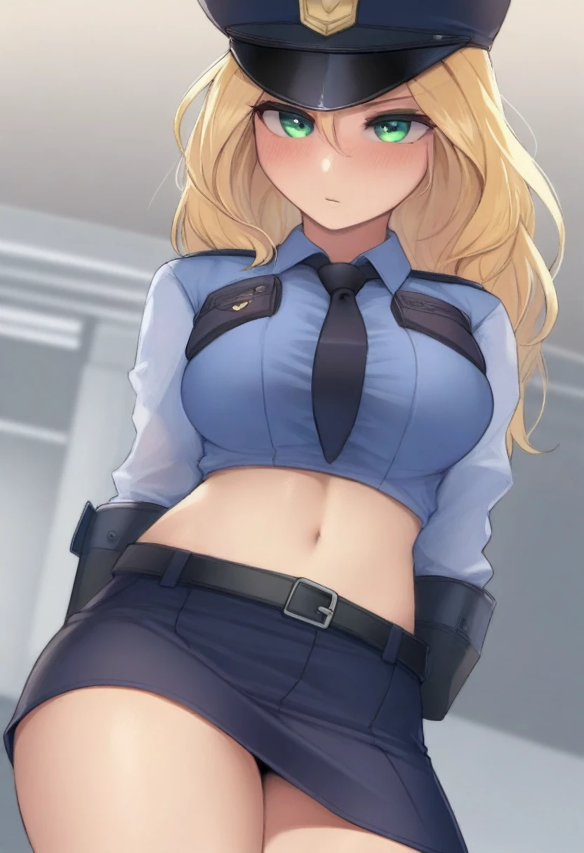 (masterpiece, best quality:1.2), police woman in detailed (skirt police uniforms), covered chest completely, blonde,