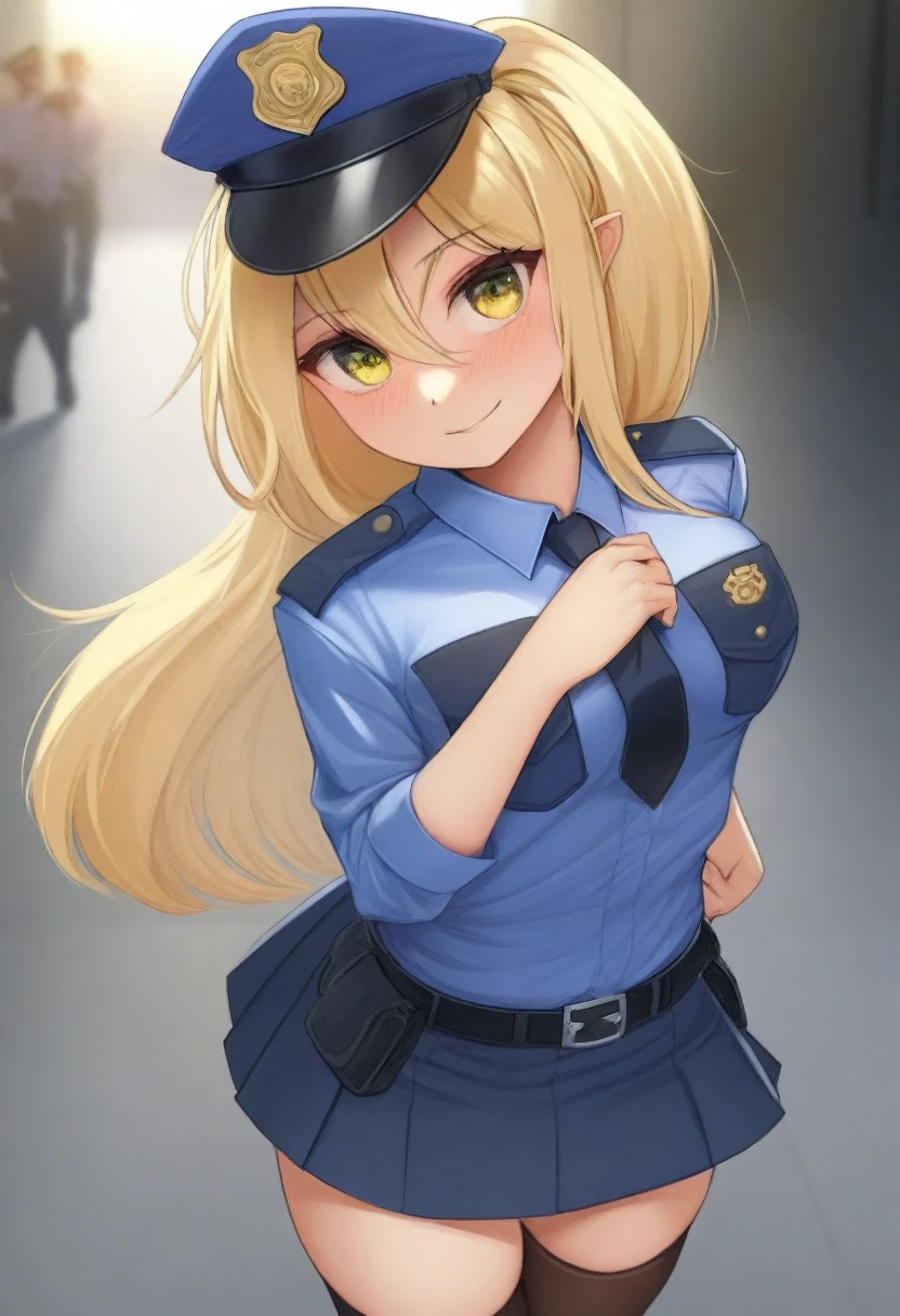 (masterpiece, best quality:1.2), police woman in detailed (skirt police uniforms), covered chest completely, blonde,