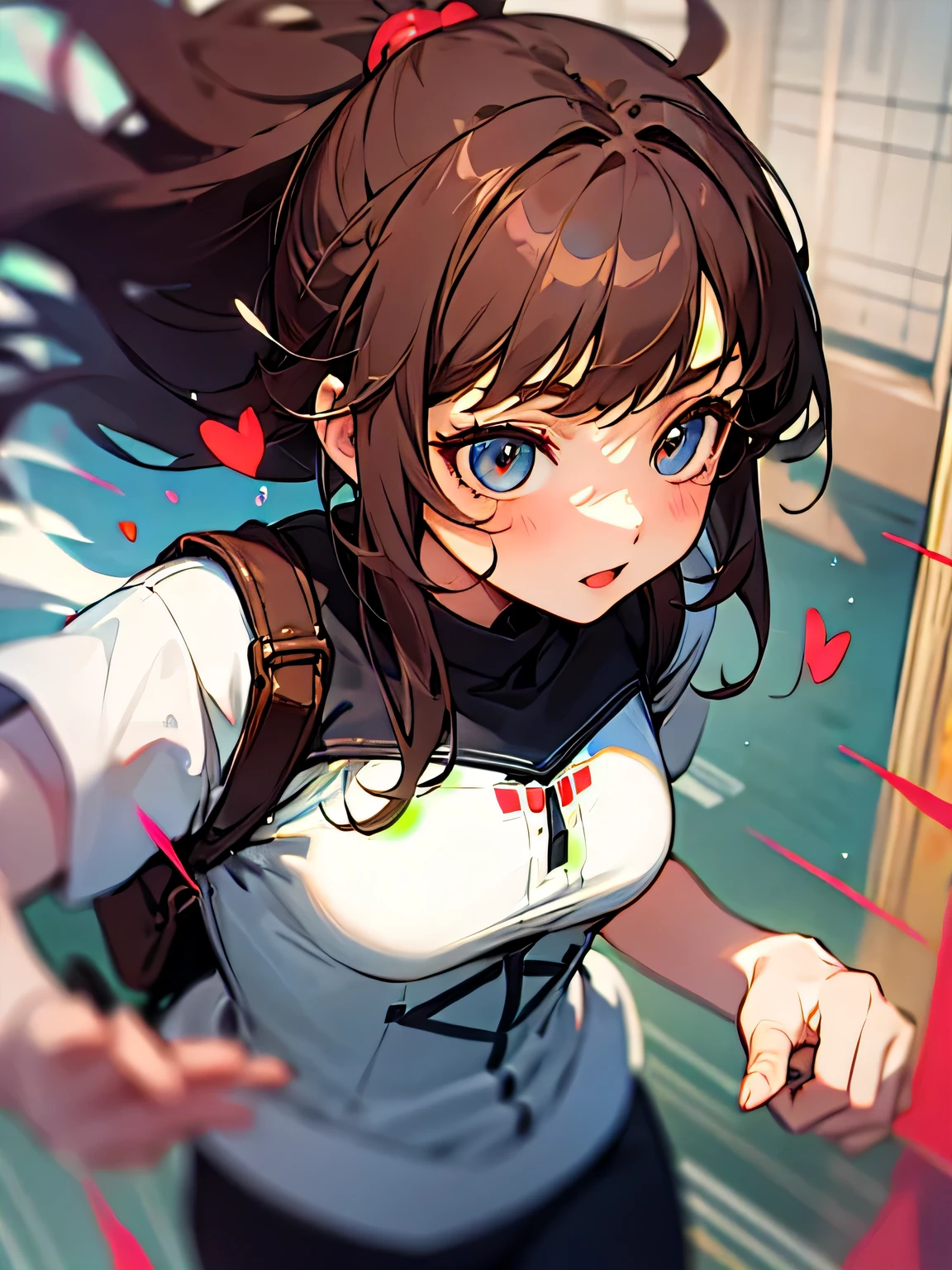 a girl, Running hand through hair, Heart thumping, brown hair, gouache style, from up, high angle