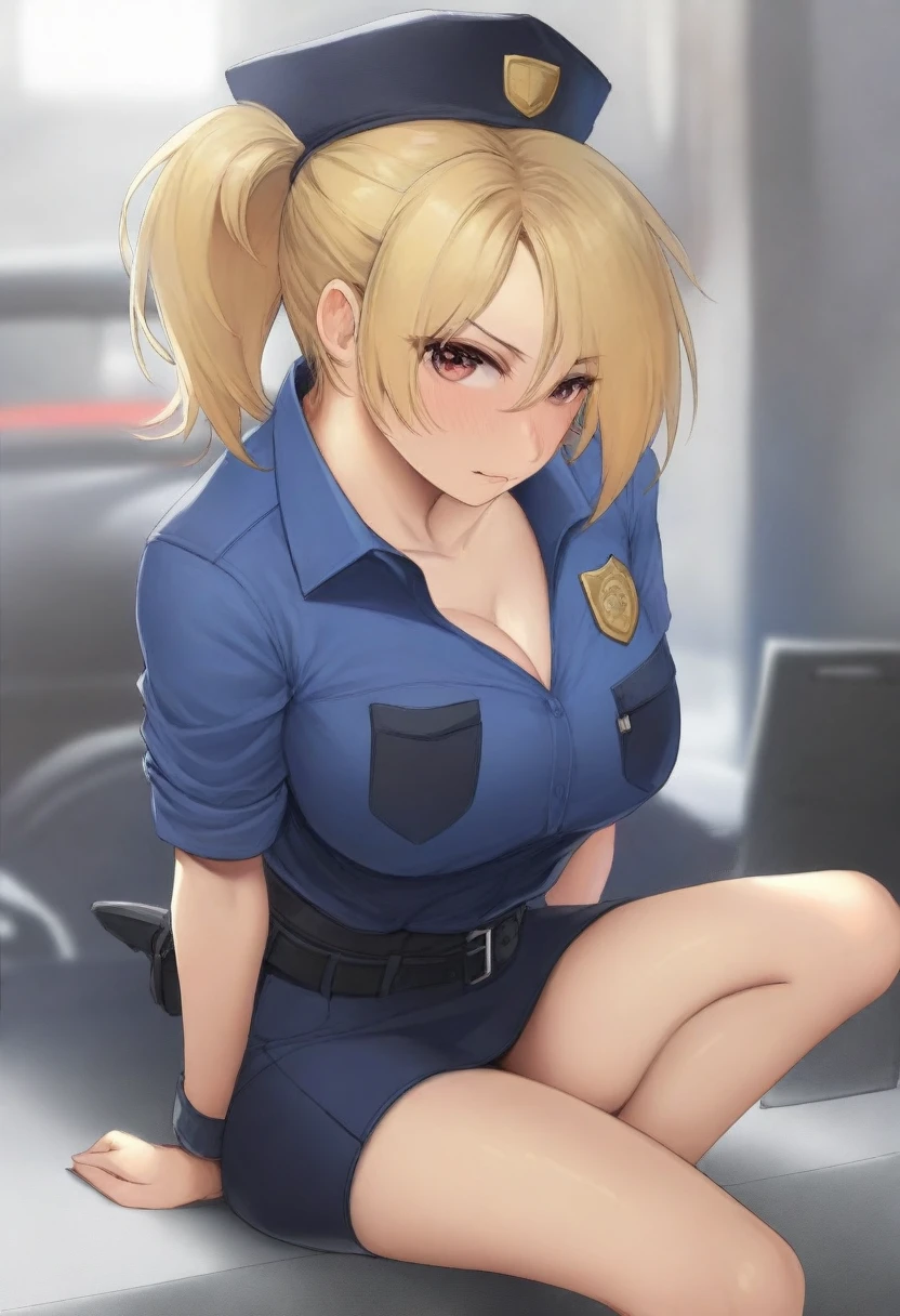 (masterpiece, best quality:1.2), police woman in detailed (skirt police uniforms), covered chest completely, blonde,