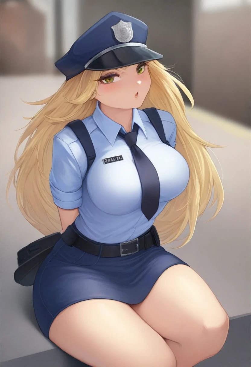 (masterpiece, best quality:1.2), police woman in detailed (skirt police uniforms), covered chest completely, blonde,